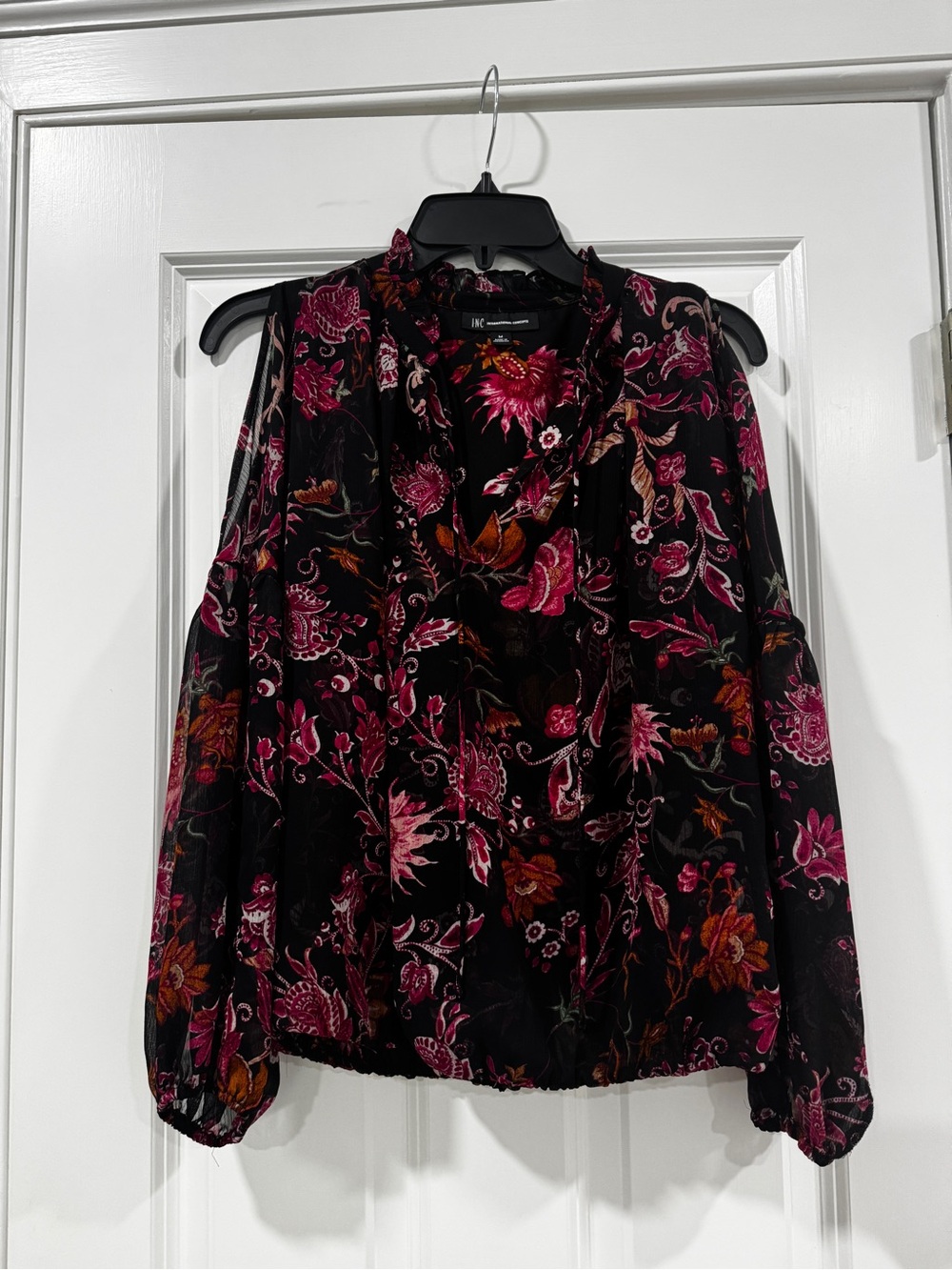 INC International Concepts Black Floral Pink-Rust Cold-Shoulder Blouse